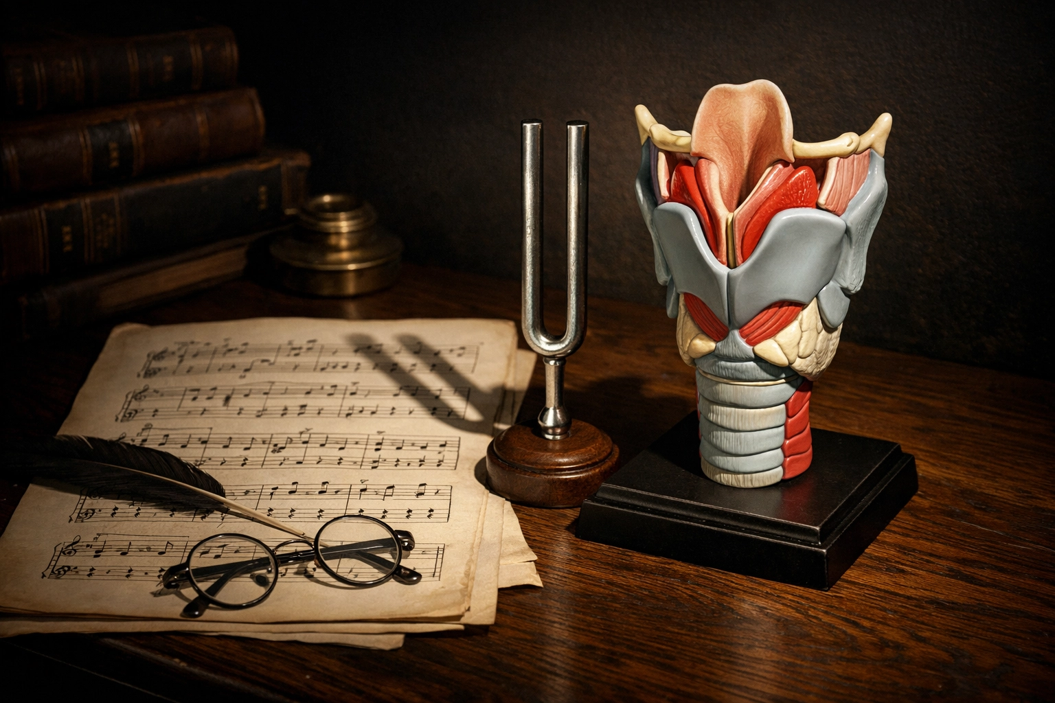 Scientific anatomical model and sheet music representing the academic side of vocal training.