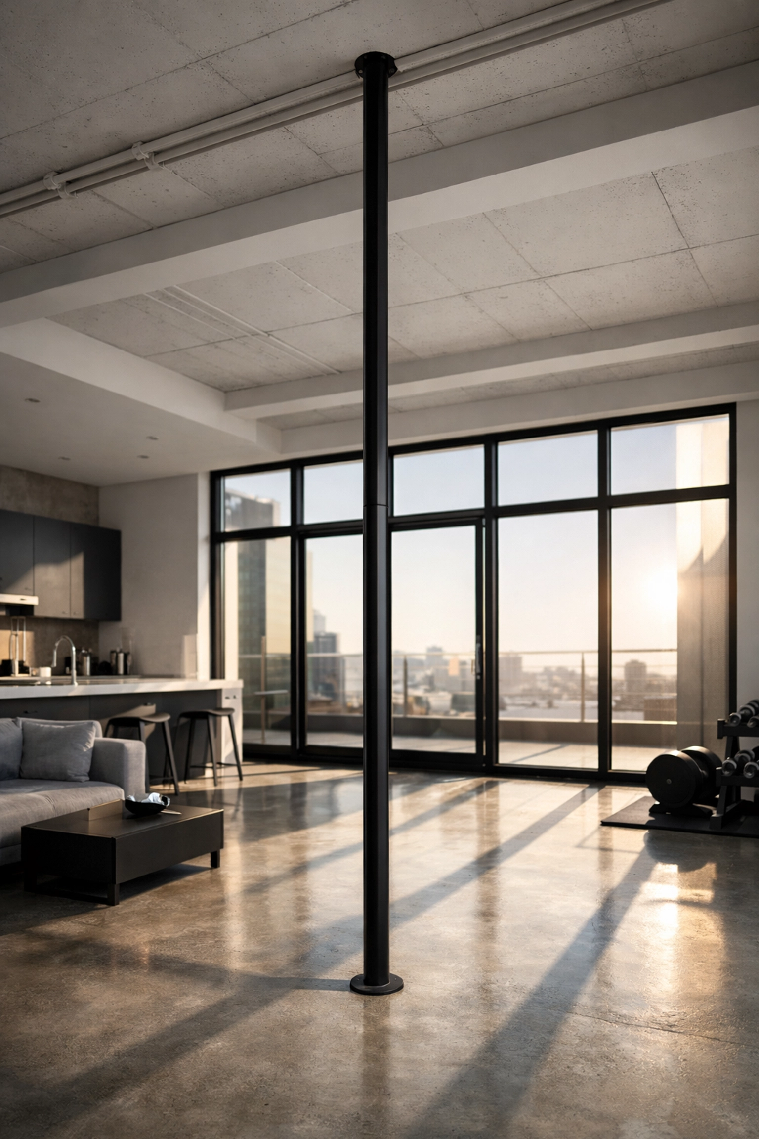 Sleek floor-to-ceiling gym rail installed in a minimalist apartment loft for a space-saving home gym.