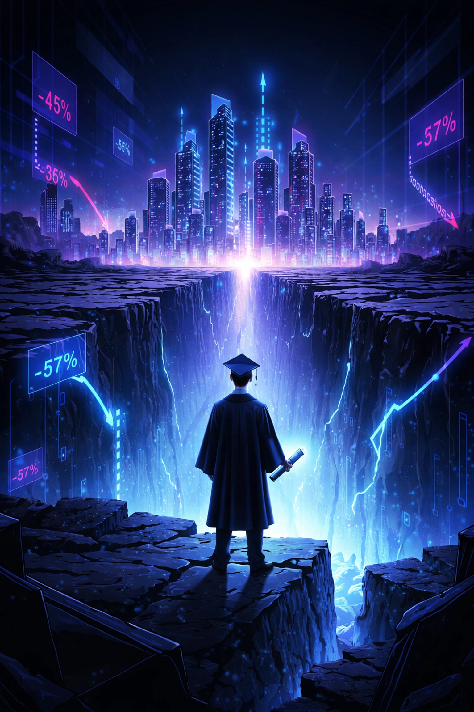 A graduate stands at a glowing chasm facing a city, symbolizing the campus-to-career gap and barriers to employment.