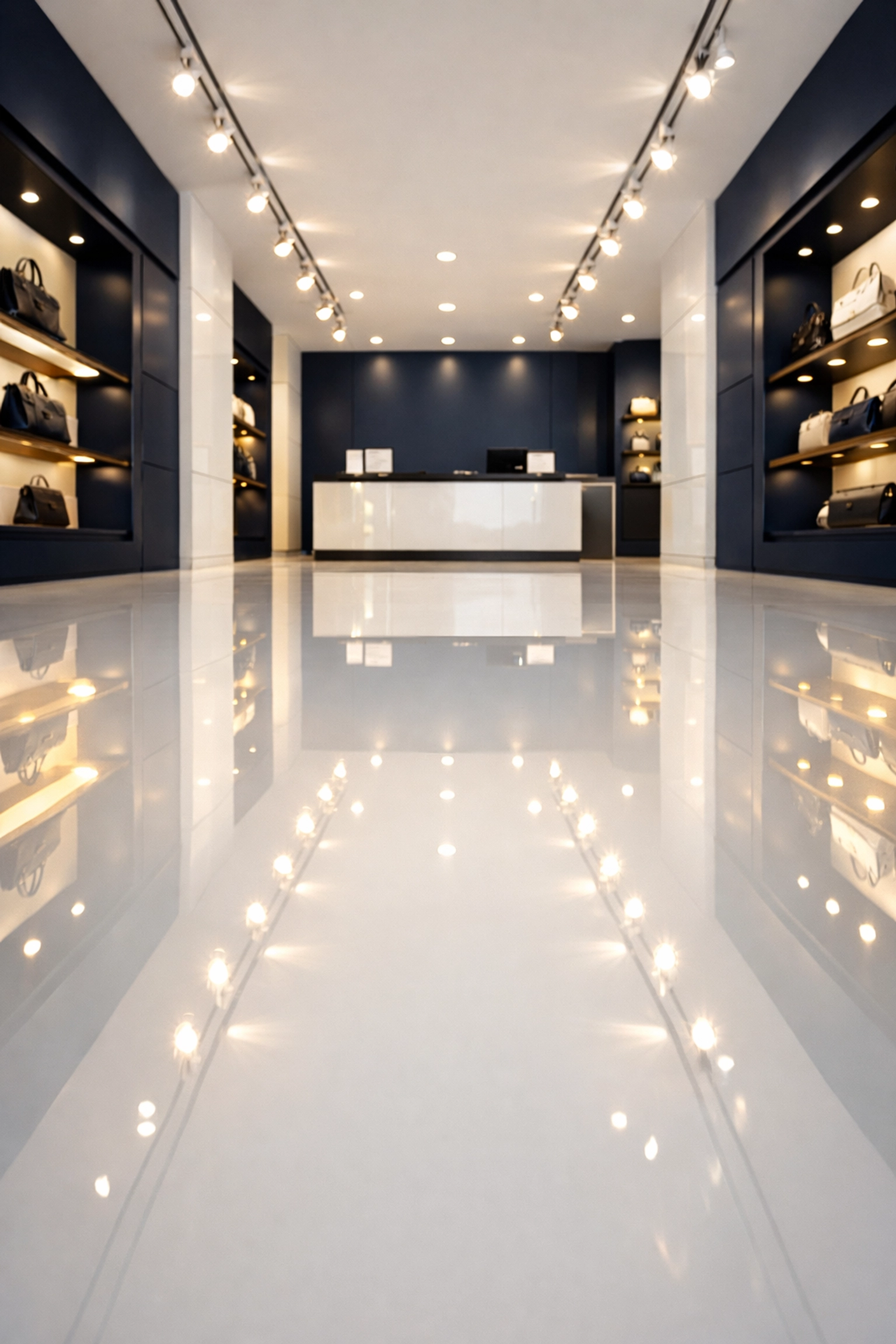 Polished high-gloss floors in a retail showroom reflecting bright lights, showing expert commercial floor maintenance.