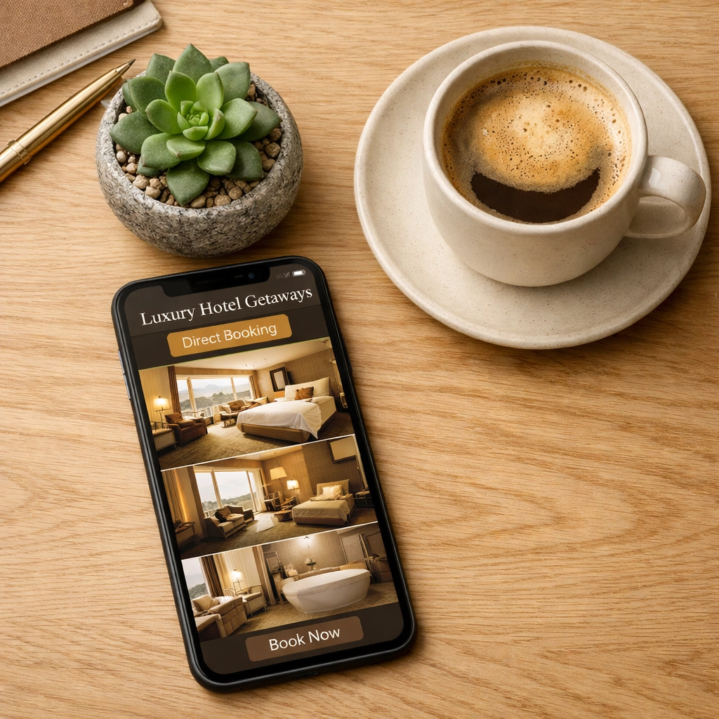 Smartphone screen displaying a direct booking confirmation on a clean, modern workspace.