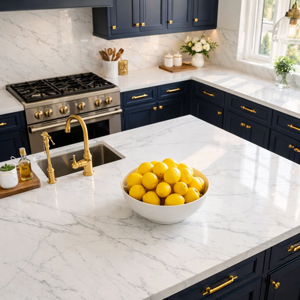 Spotless high-end Dover kitchen with marble countertops following professional weekly house cleaning in Dover.