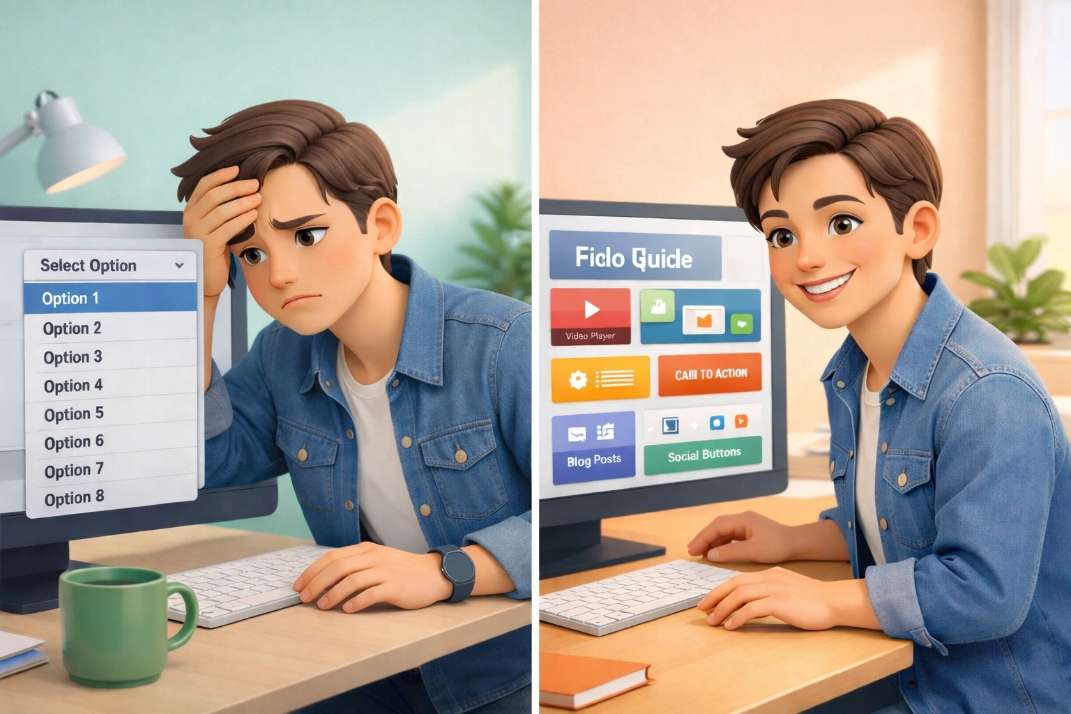 Content editor comparing confusing dropdown menus to visual component previews in website builder