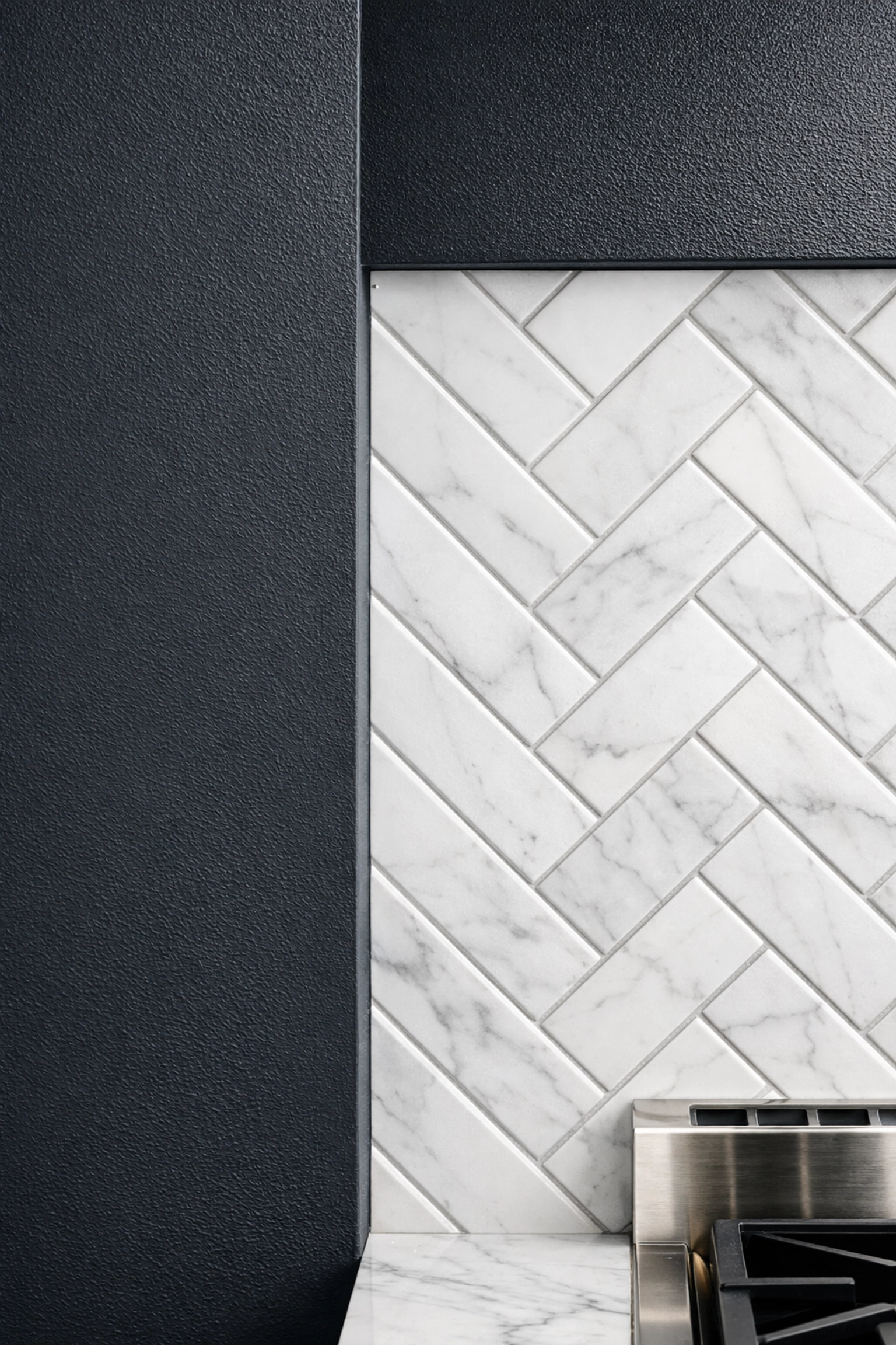 Professional tile installation Orlando kitchen backsplash next to a charcoal painted interior accent wall.