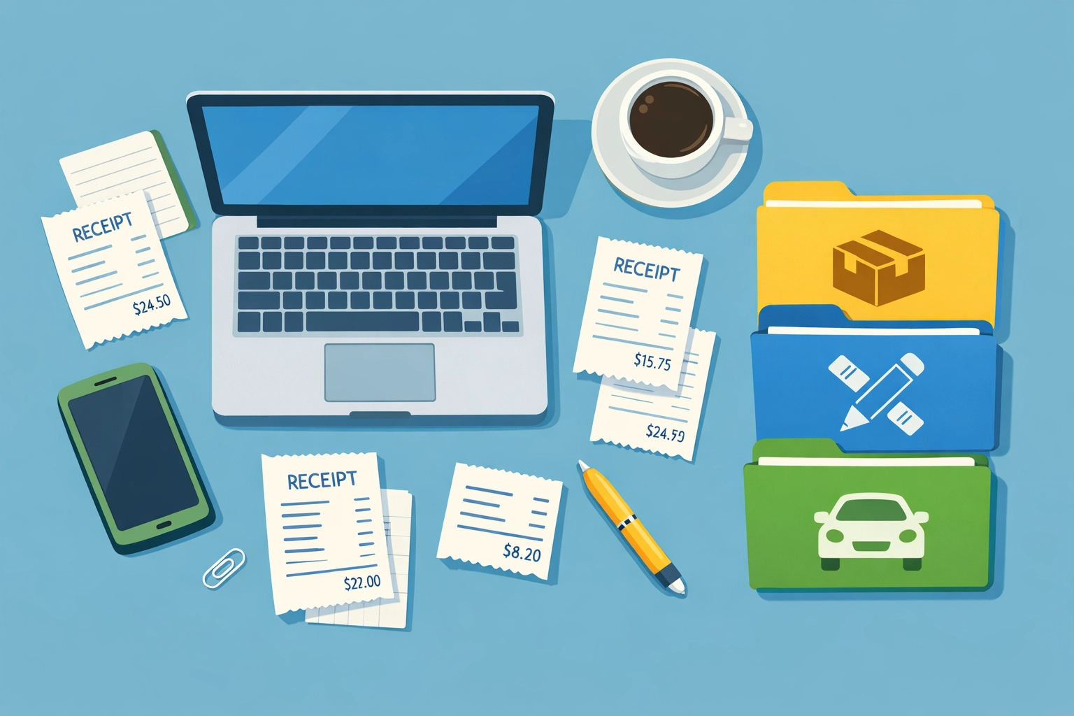 Organized workspace showing side hustle business expense receipts and record-keeping for tax deductions