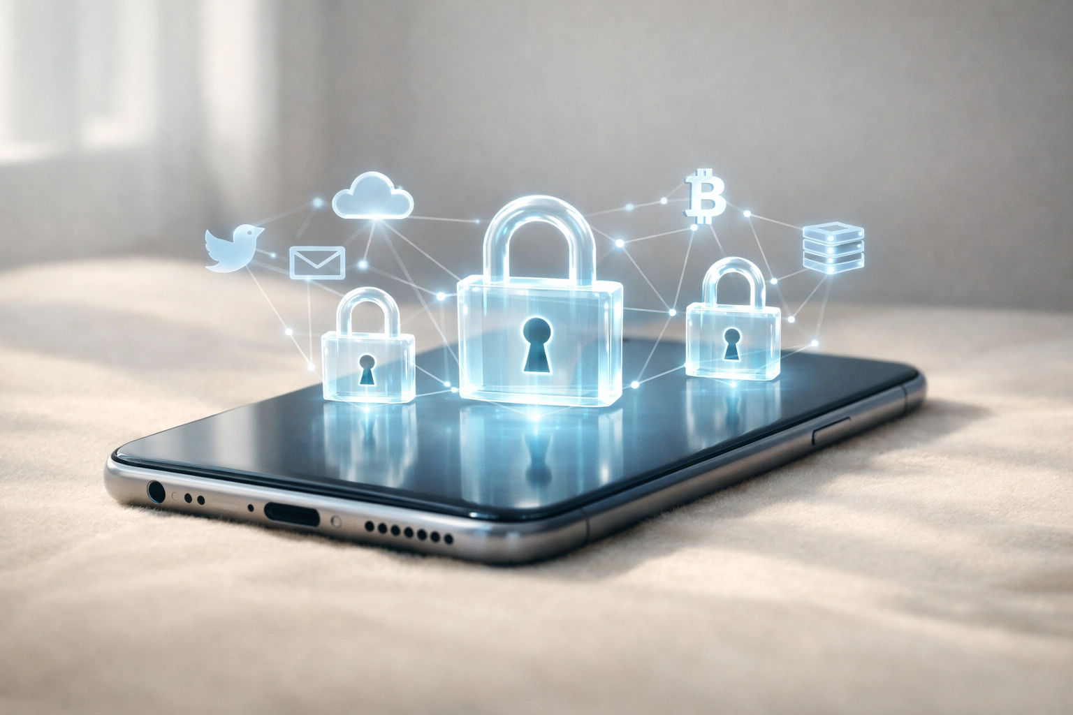 Smartphone showing locked digital assets including passwords, social media, and email accounts