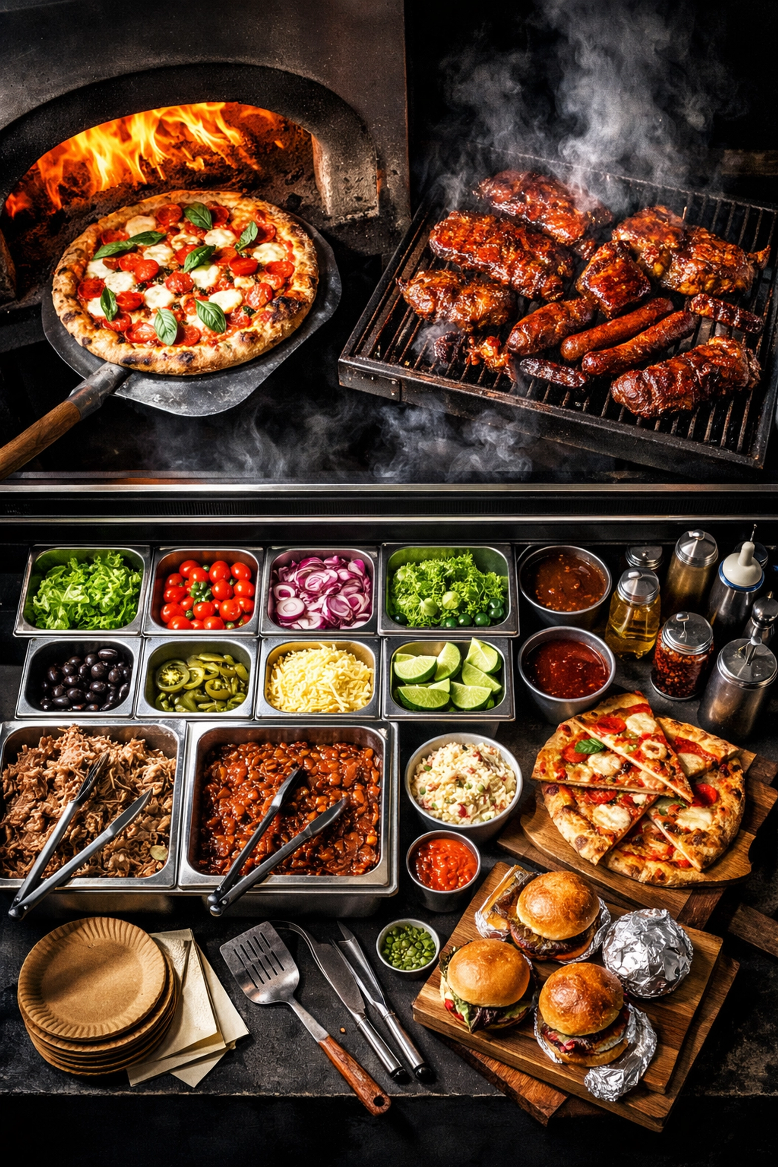 Wood-fired pizza and BBQ being cooked on-site at food truck catering event in SLC