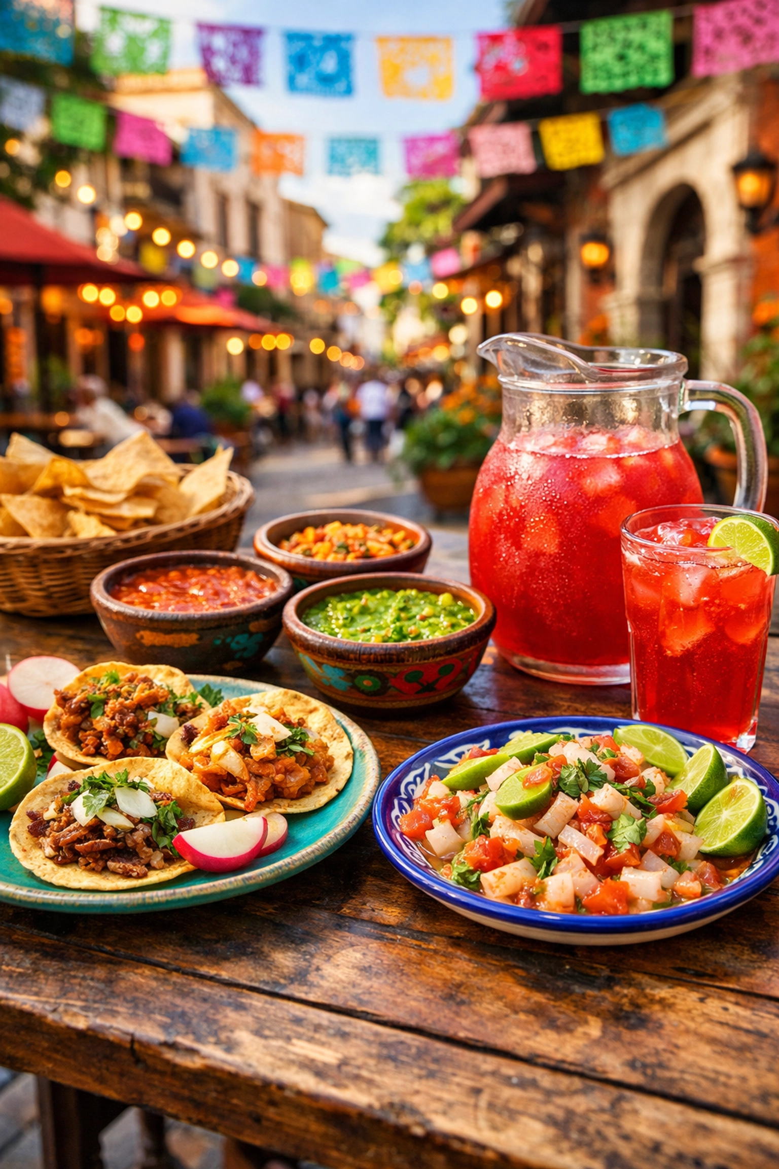 Authentic Mexican tacos and ceviche at outdoor restaurant in Old Town Puerto Vallarta