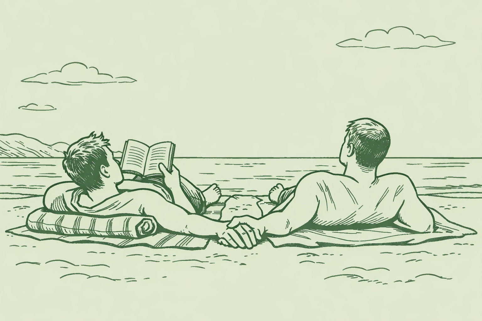 Gay couple relaxing on towels at LGBTQ-friendly La Lecciona naturist beach in Tuscany