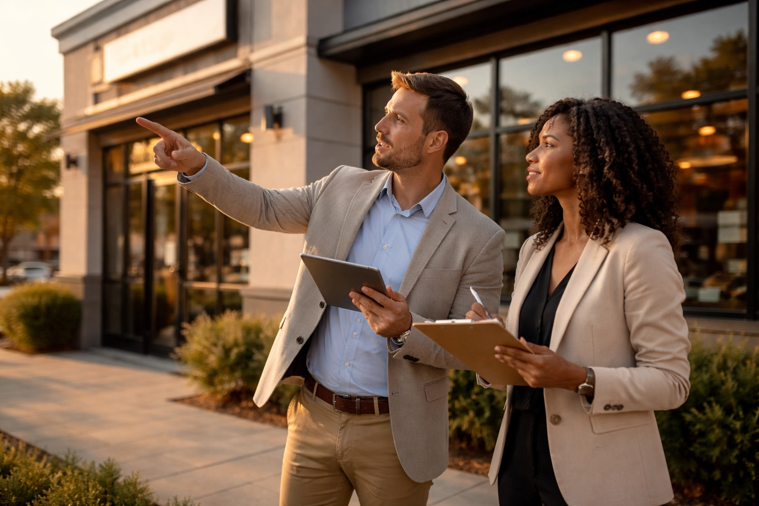 Two business professionals evaluating a potential restaurant franchise site for brand standards and scalability.