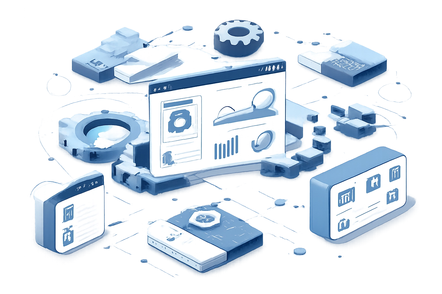 Interconnected gears, puzzle pieces, and digital dashboard icons depicting advanced website features