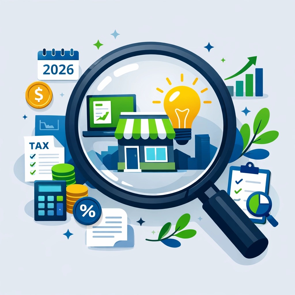 Illustration of a magnifying glass finding New Haven business tax deductions and 2026 IRS credits.