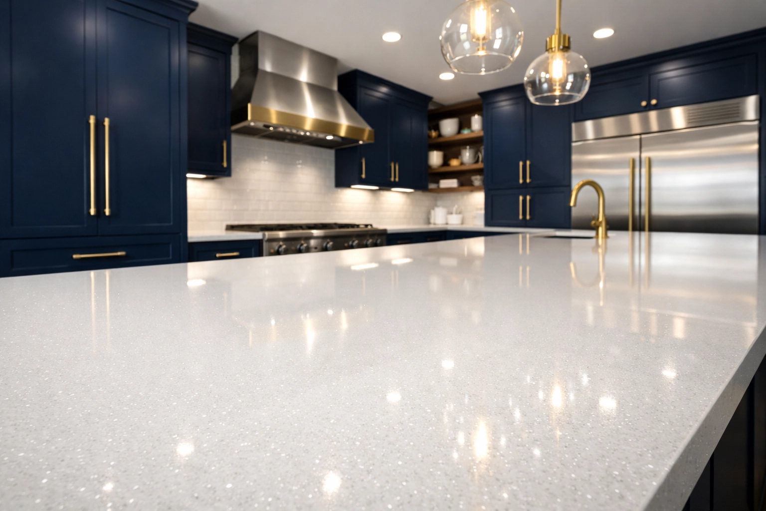 Sanitized luxury kitchen with white quartz island maintained by recurring residential cleaning Boston.