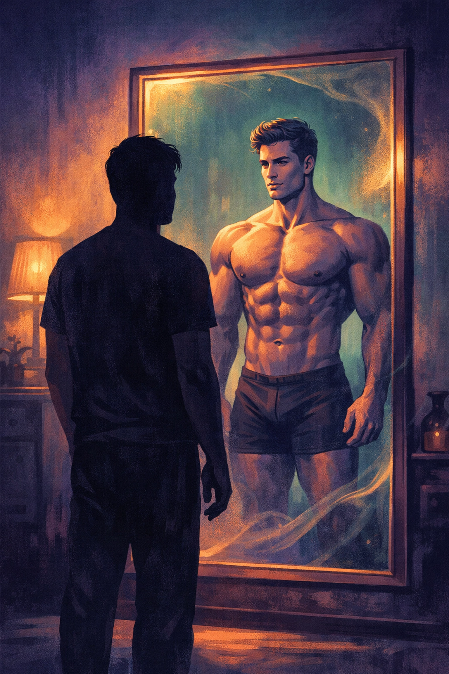 Gay man struggling with body image and self-esteem comparing himself to idealized standards