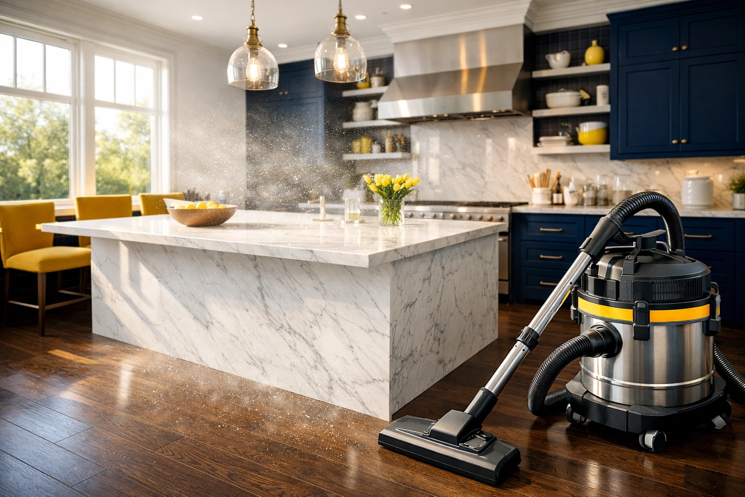 Professional HEPA vacuum on hardwood floor in a dusty Bedford kitchen for post construction cleaning.
