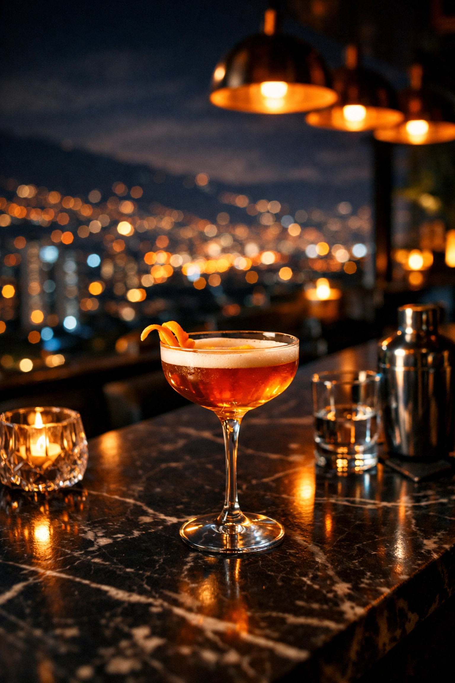 Nightlife safety in Medellin: a cocktail at a luxury rooftop bar where security awareness is essential.