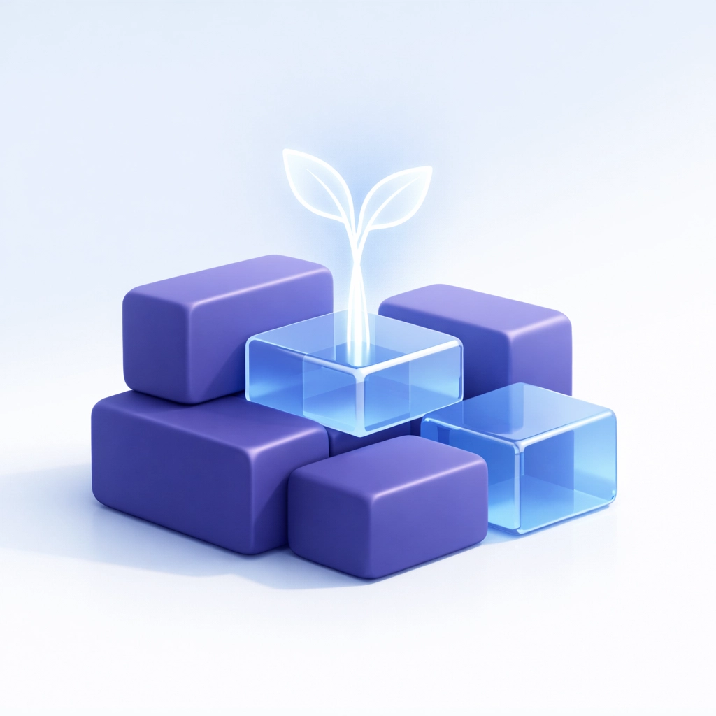 Interlocking blocks and a glowing sprout symbolizing a stable foundation for responsible AI governance.