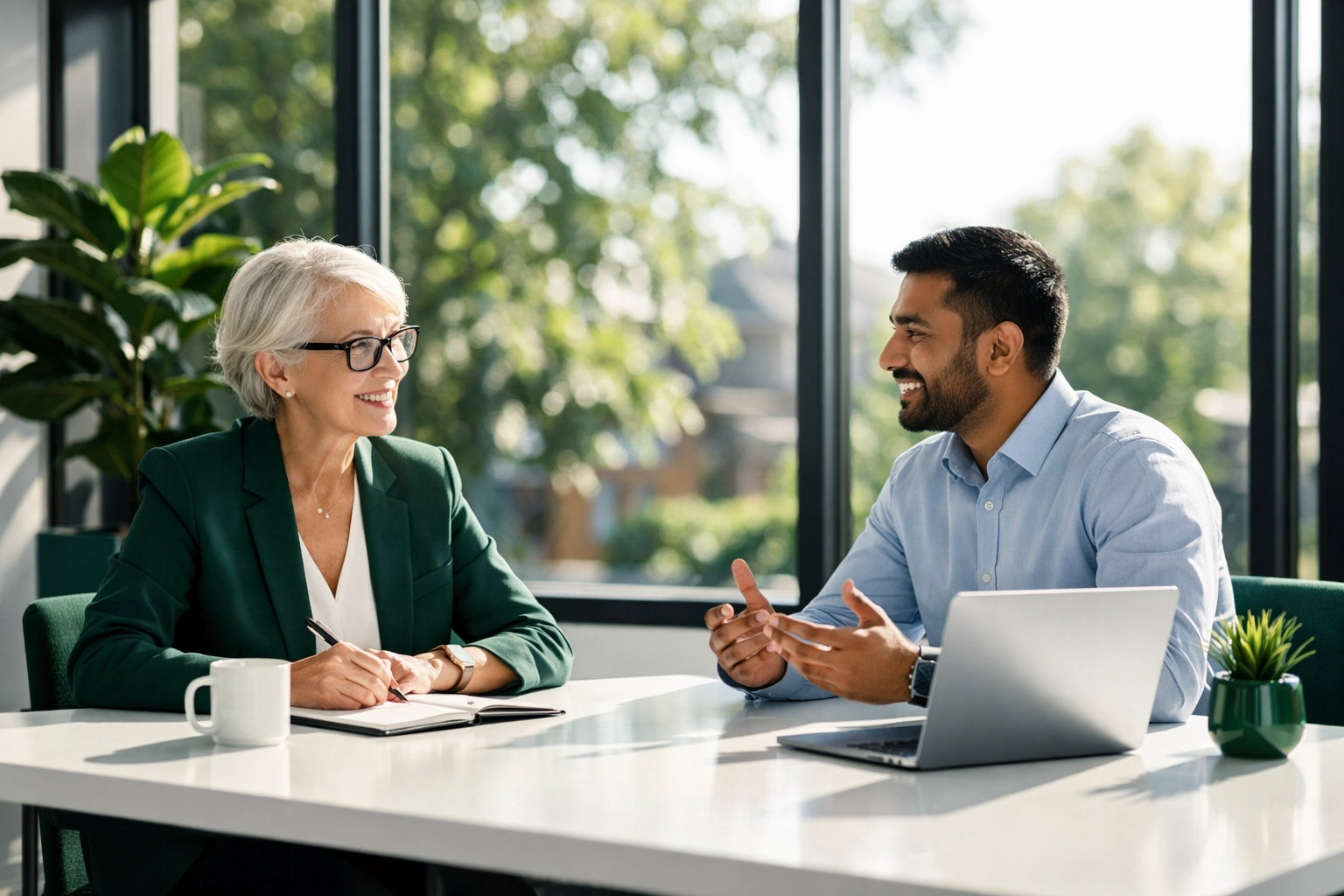 Business owner meeting with a local web developer in a bright office for personalized digital services.
