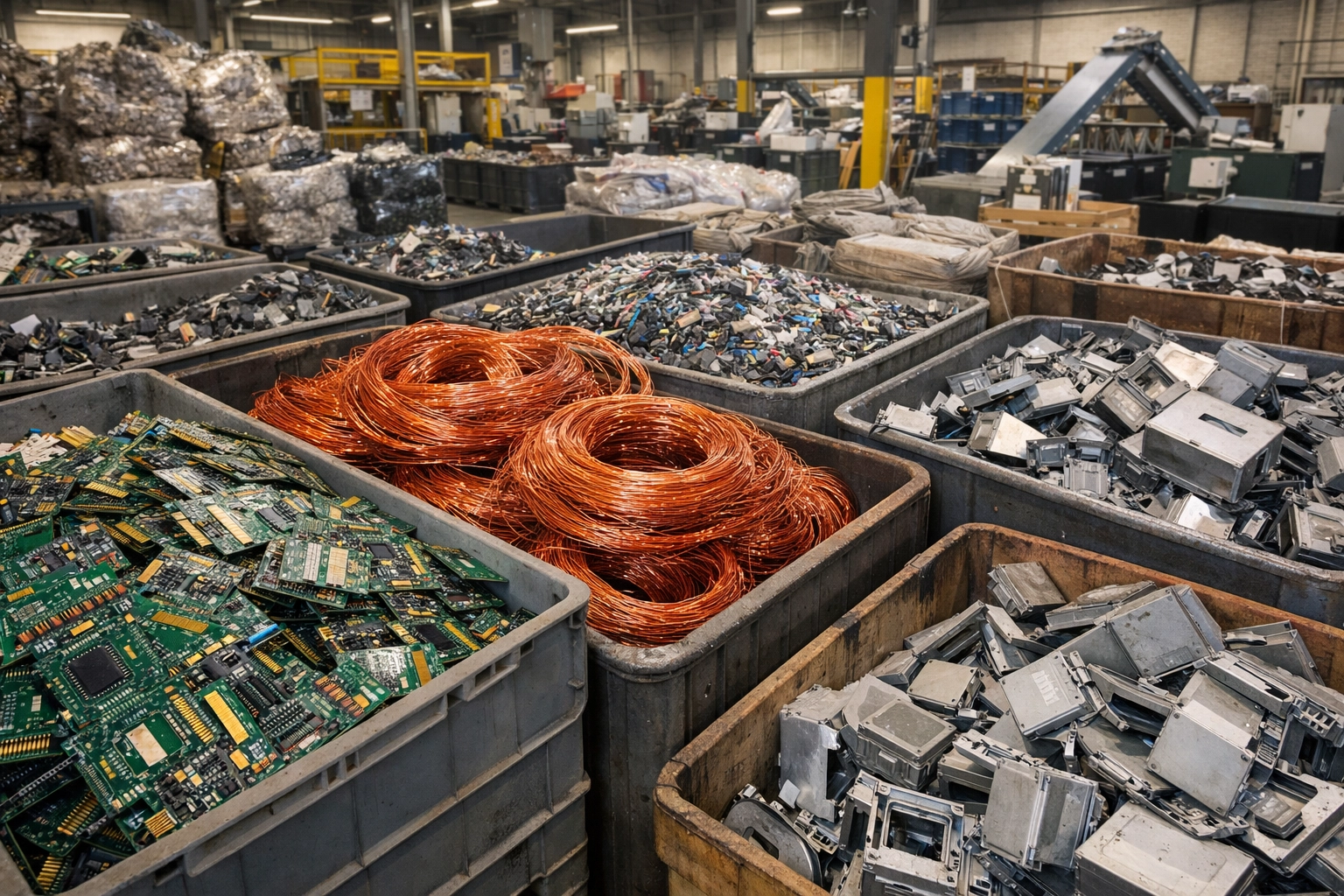 Sorted electronic components including circuit boards and copper wire at WEEE recycling facility
