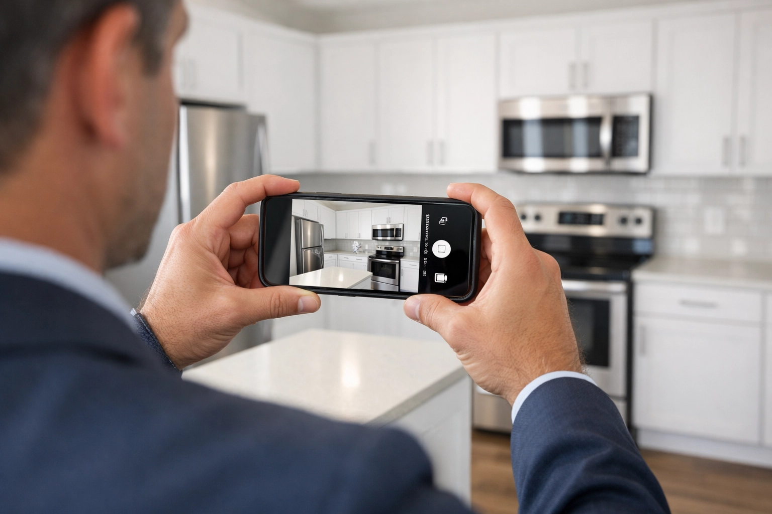Property manager documenting clean kitchen with smartphone during apartment turnover inspection