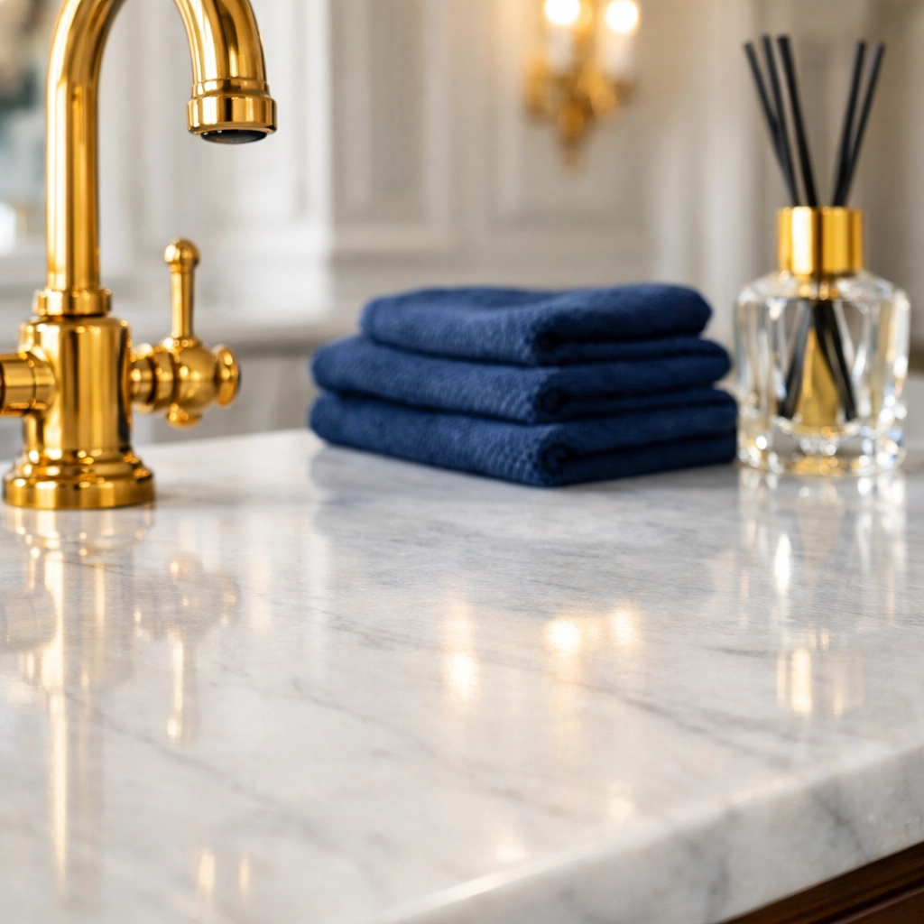 Detailed view of clean marble and brass in a kitchen serviced by luxury house cleaning in Lexington.