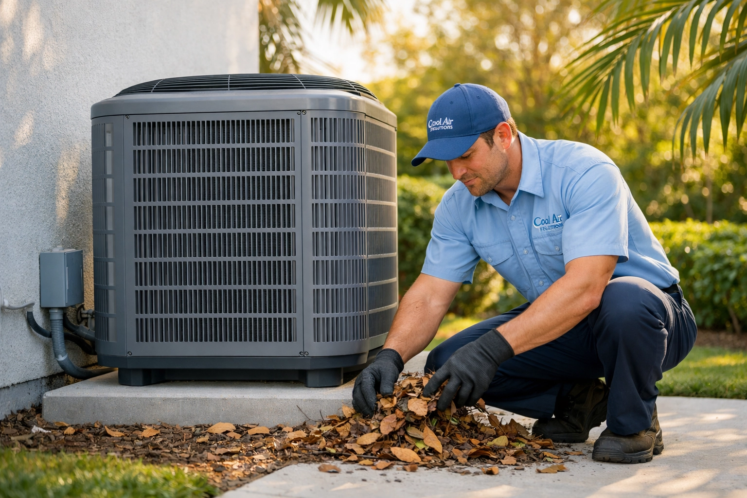HVAC technician removing debris from outdoor AC condenser unit in Florida yard