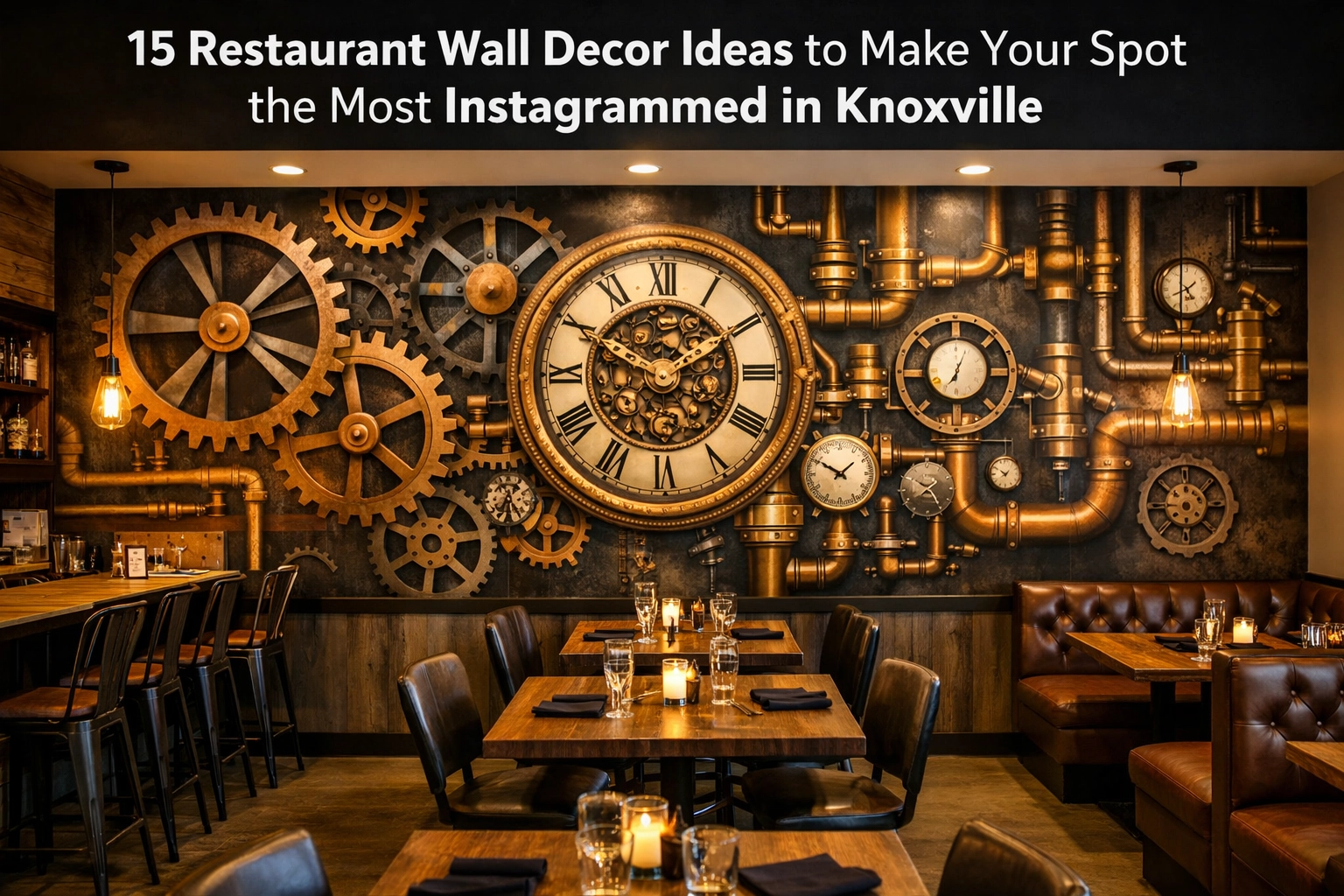 Steampunk industrial wall mural in a Knoxville restaurant, a creative restaurant wall decor idea.