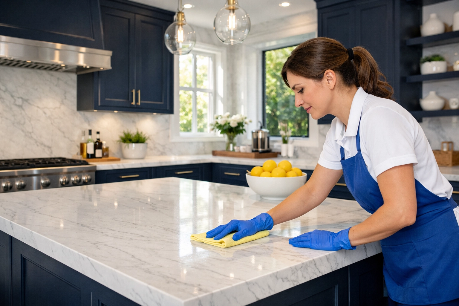 Professional cleaner polishing a marble kitchen counter during a House Cleaning Worcester MA visit.