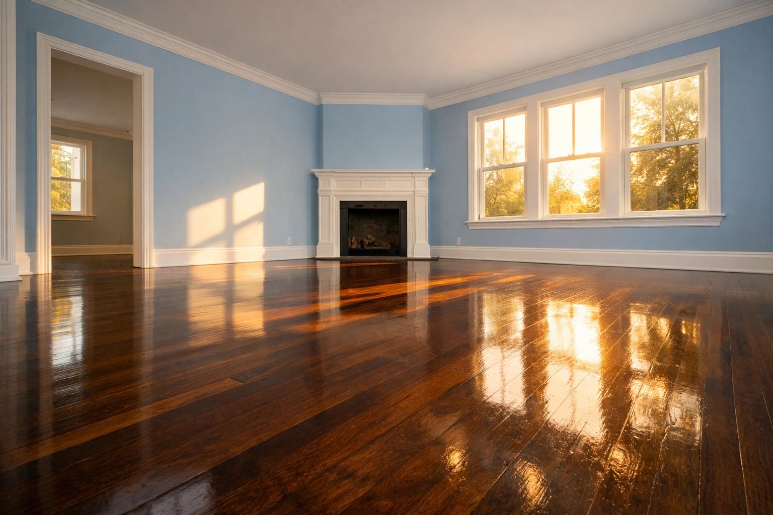 Polished dark hardwood floors and clean baseboards in an empty Fitchburg living room after move-out cleaning.