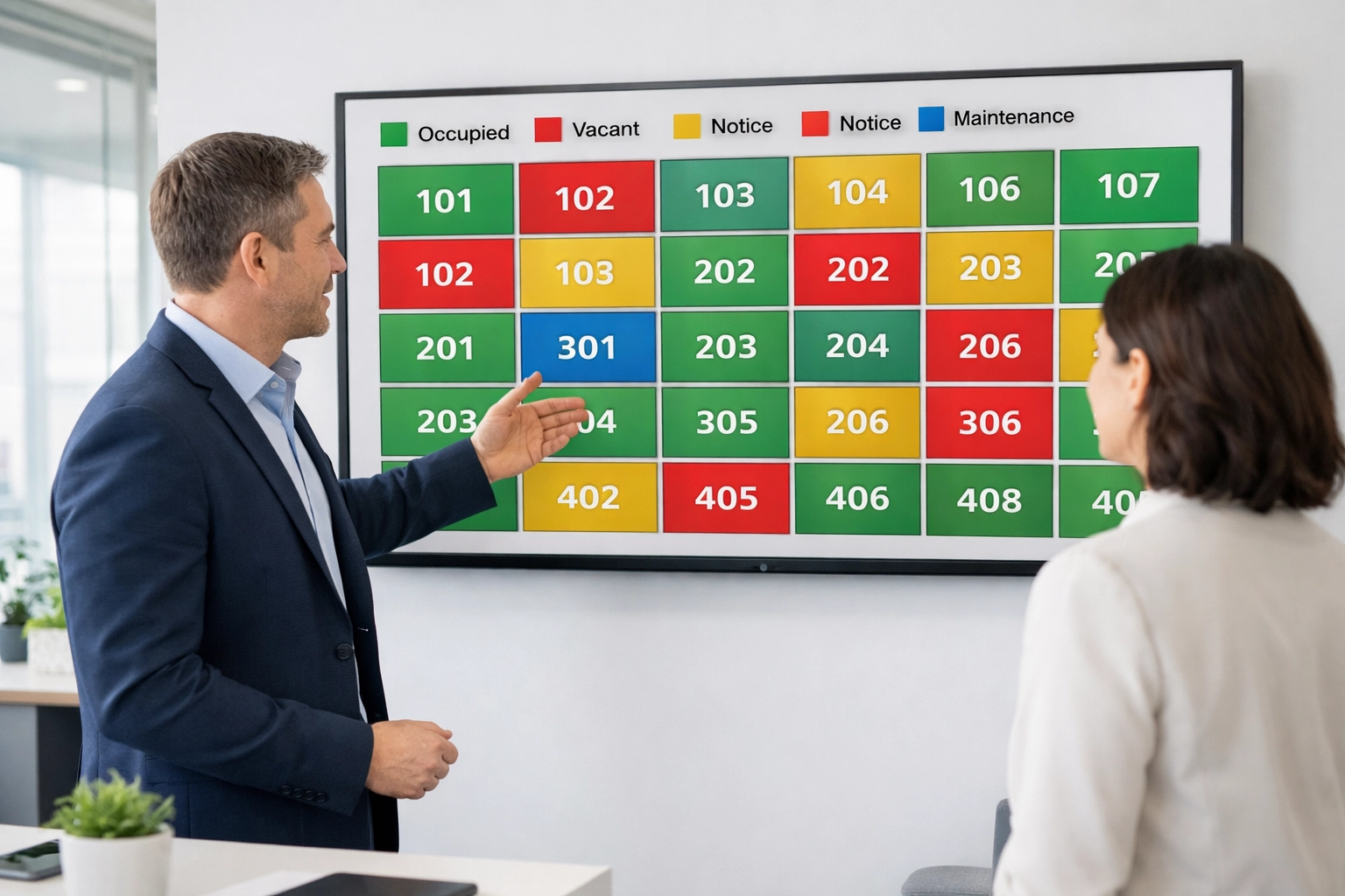 Digital make-ready board displaying real-time unit status for apartment turnover tracking