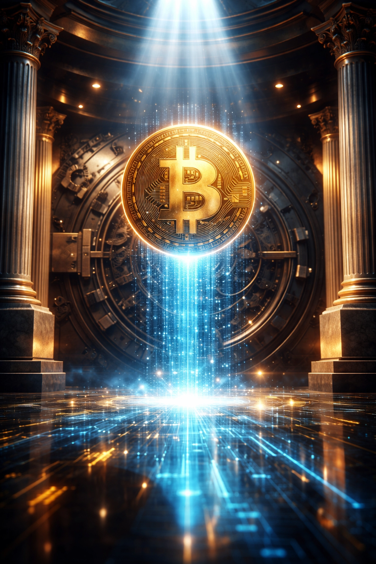 Modern depiction of Bitcoin and traditional finance merging for institutional-grade crypto investing