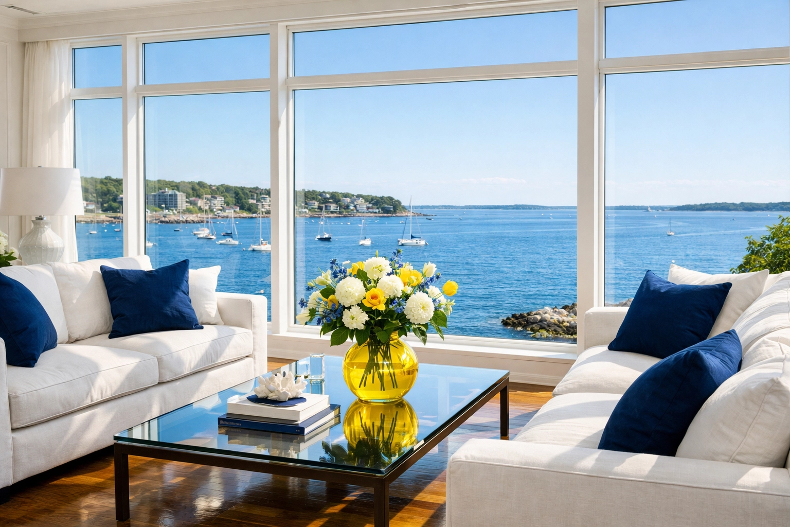 Spotless Hingham waterfront living room with ocean views after a visit from The Cleaning Ninjas.