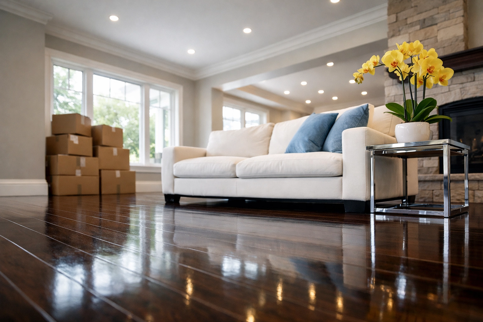 Luxury Massachusetts living room with polished hardwood floors after a professional move-in cleaning.