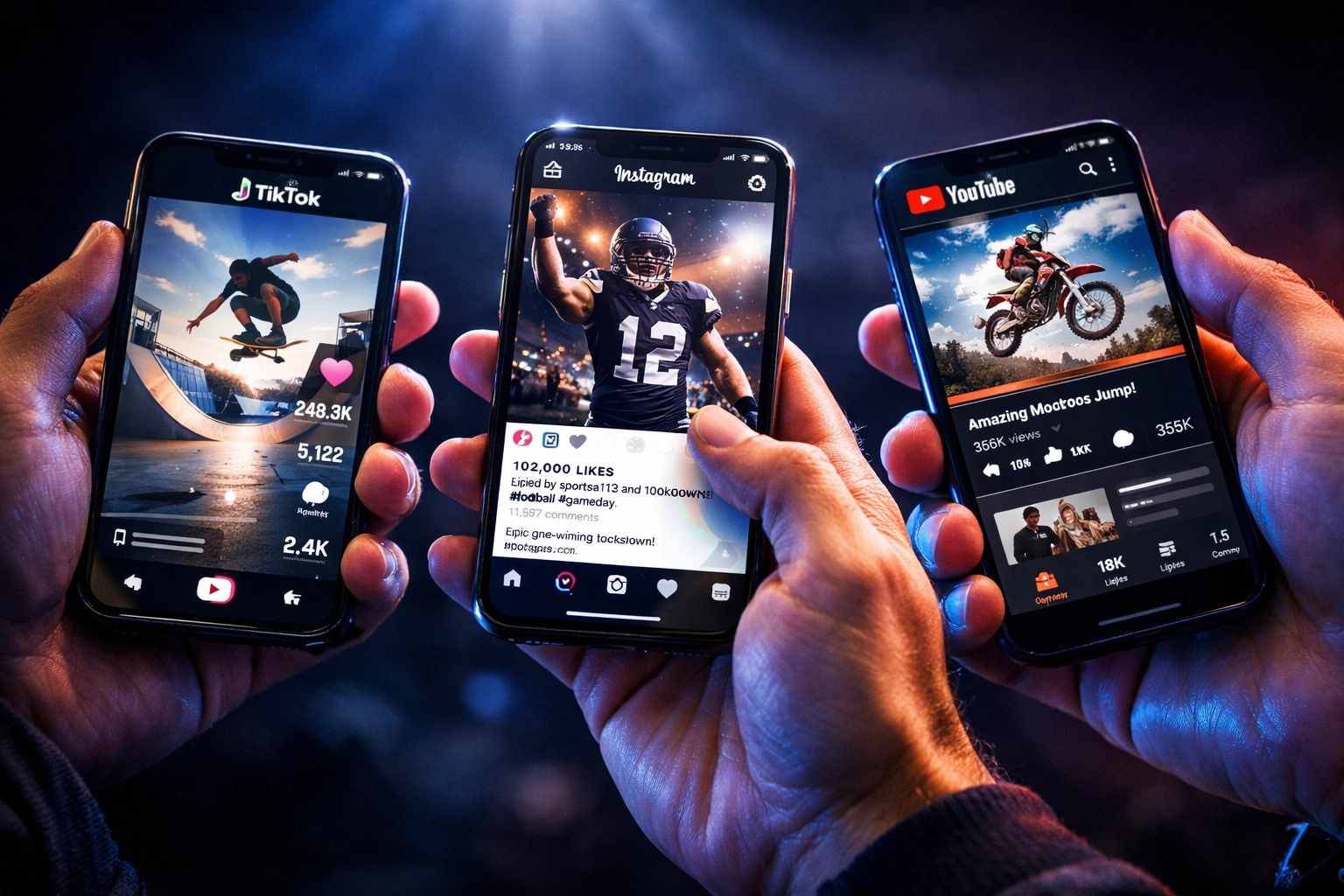 Multiple smartphones showing high engagement social media content from Super Bowl marketing campaign