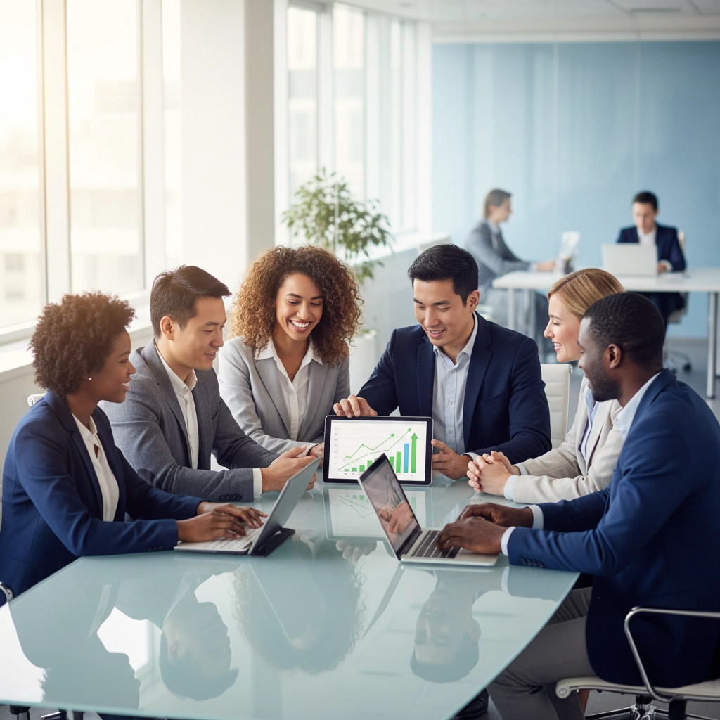 A diverse group of business professionals sitting together at a conference table in a bright modern office, smiling and collaborating on a project with a laptop.