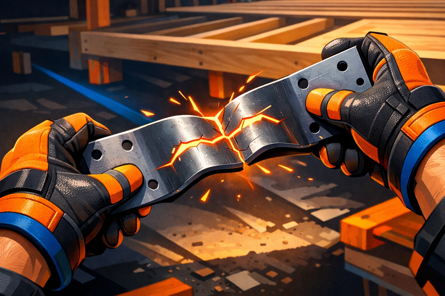 Contractor holding bent metal bracket showing hardware failure on construction project