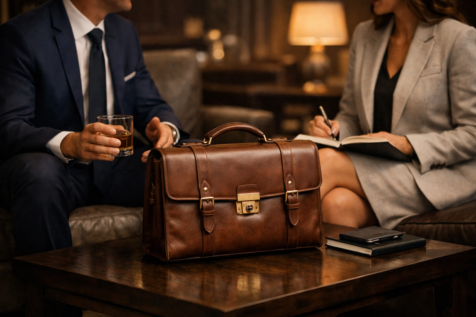 Confidential business sale consultation in a private professional setting between two experts.