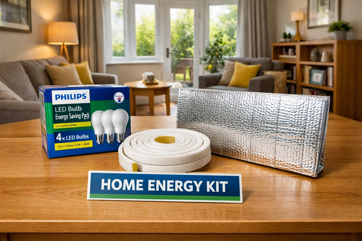 Energy-saving kit featuring LED lightbulbs and draught-proofing strips for a Dorset property.