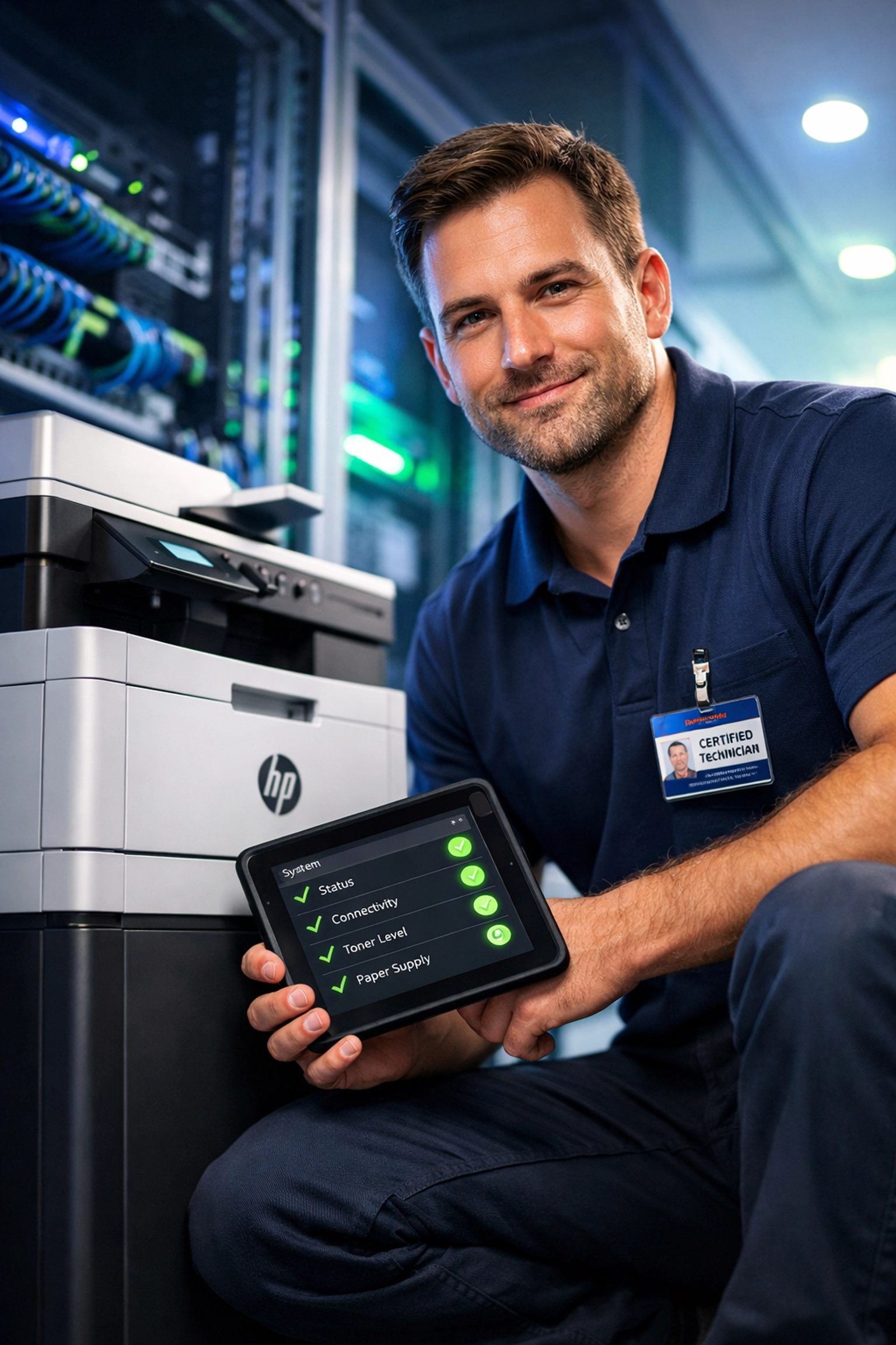 Certified printer support technician diagnosing office printer with diagnostic tablet for onsite repair service