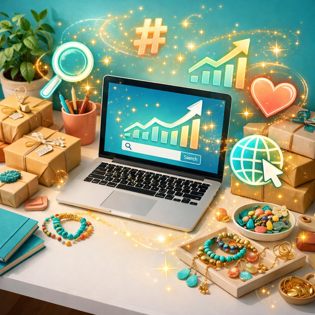 Laptop and shipping boxes on a desk, illustrating successful Etsy shop growth and e-commerce SEO strategies.