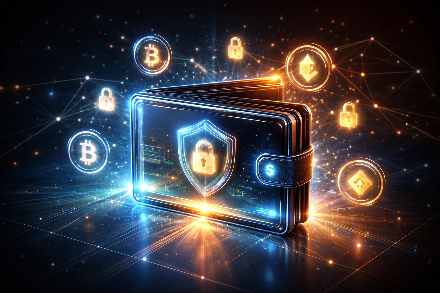 A digital smart wallet surrounded by crypto symbols highlights Larecoin self-custody and secure blockchain payments.