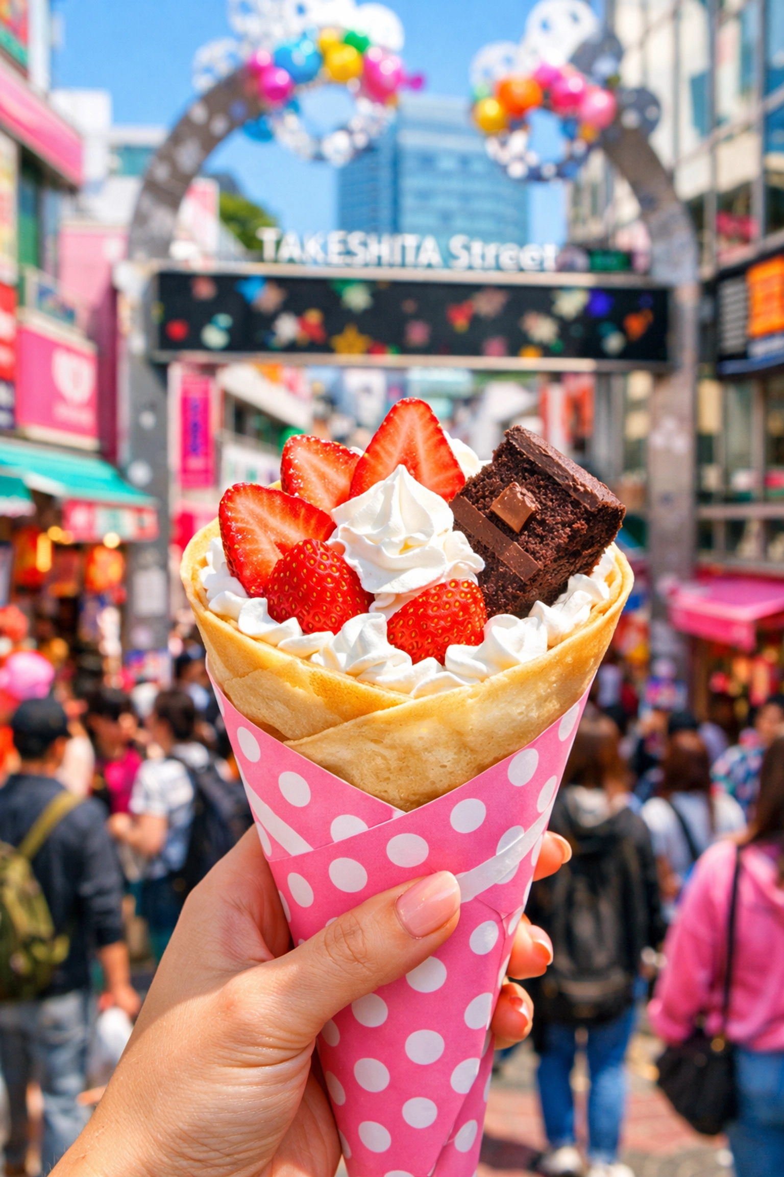 A colorful strawberry crepe on Harajuku's Takeshita Street, a vibrant Tokyo photography location.