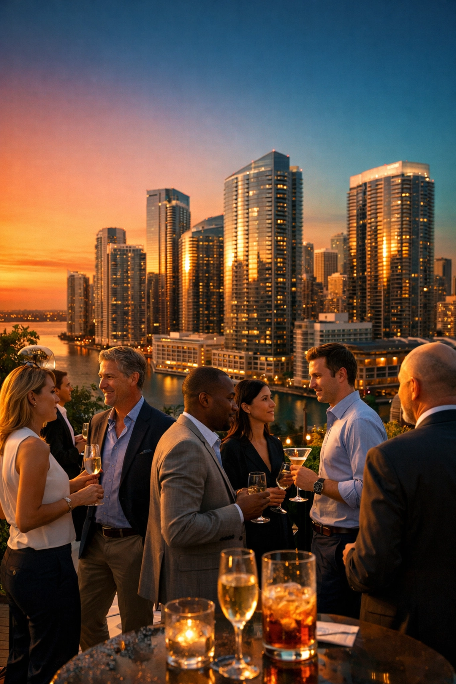 Corporate event photography at a luxury Brickell rooftop during golden hour in Miami.