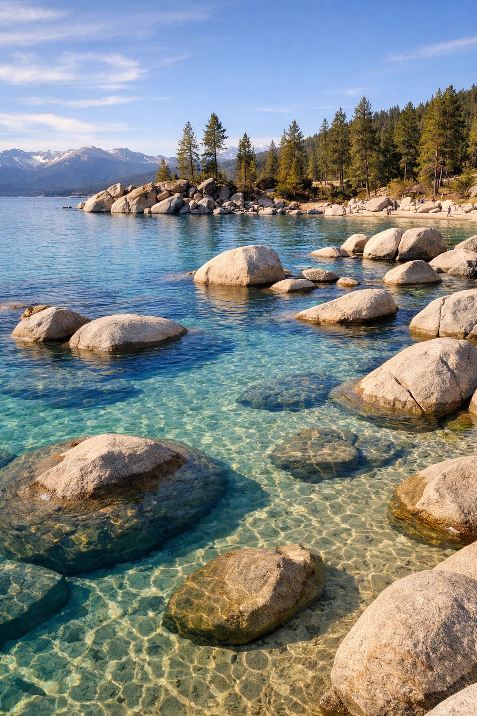 Smooth granite boulders in the turquoise water of Sand Harbor, a top Lake Tahoe photography spot.