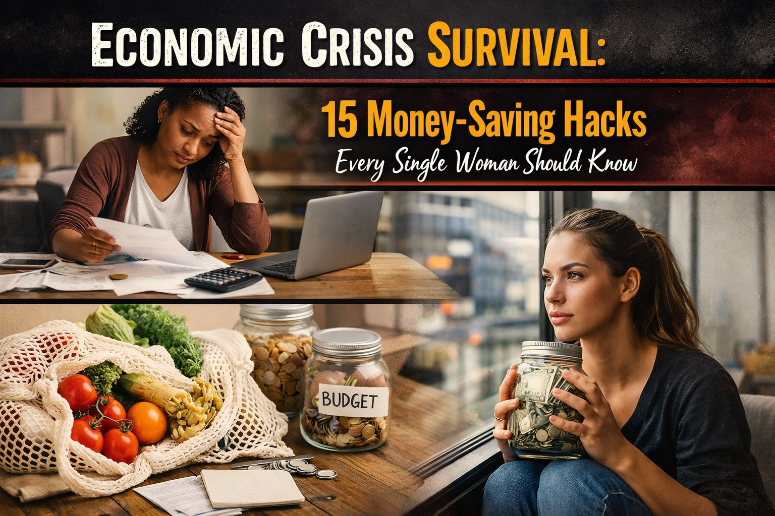 Title image with two women: one looking through her financial records with a concerned face; the second woman in the bottom right holding a glass jar full of money. 15 Ways to Save Now: The Solo Woman’s Guide to Financial Resilience