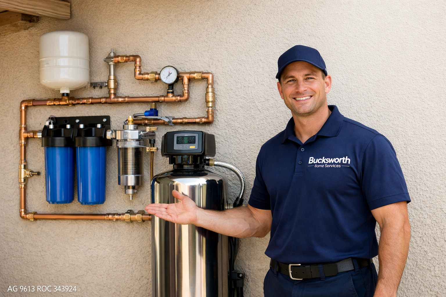 Bucksworth plumbing technician showing a professional water filtration system in a Glendale AZ home.