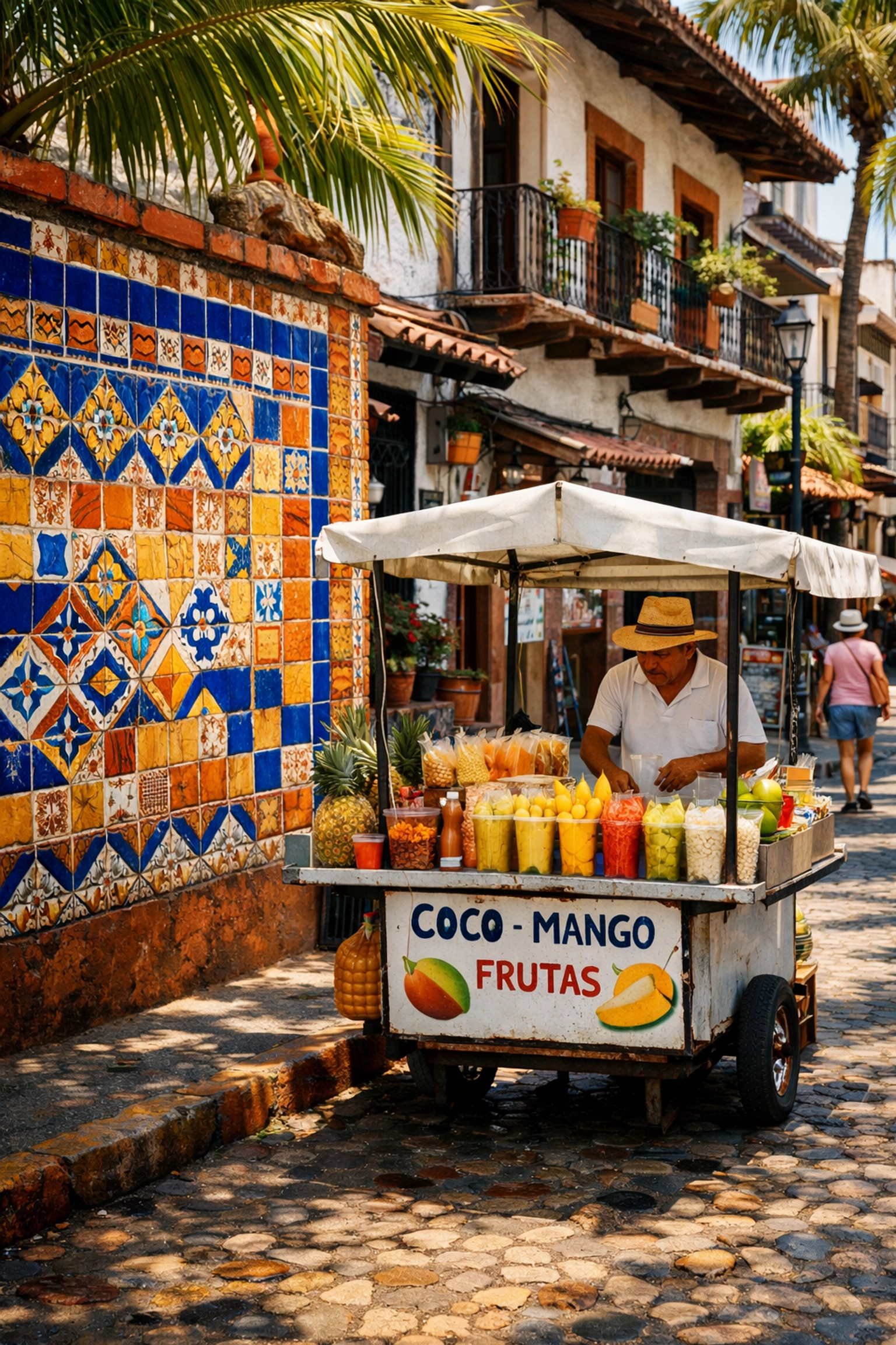 Colorful Zona Romántica street scene with hand-painted tiles and local fruit vendor