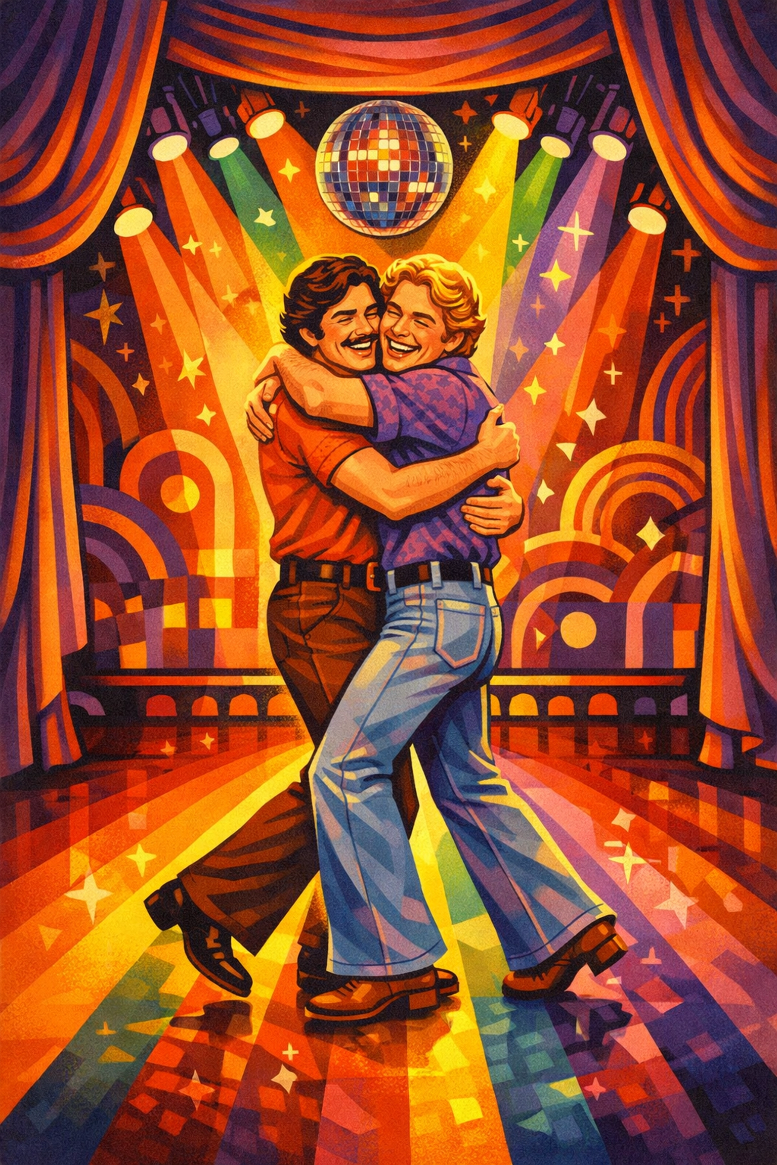 Two men embracing on 1970s theatre stage celebrating gay liberation and queer expression