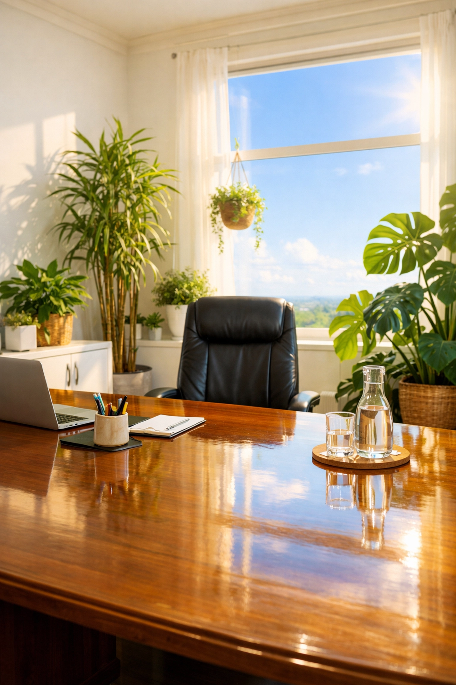 Eco-friendly office cleaning in Southborough MA featuring a bright workspace with indoor plants.