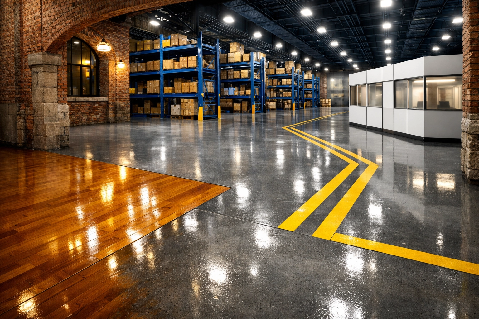 Impeccable industrial facility floors in Massachusetts, featuring polished concrete and professional maintenance.